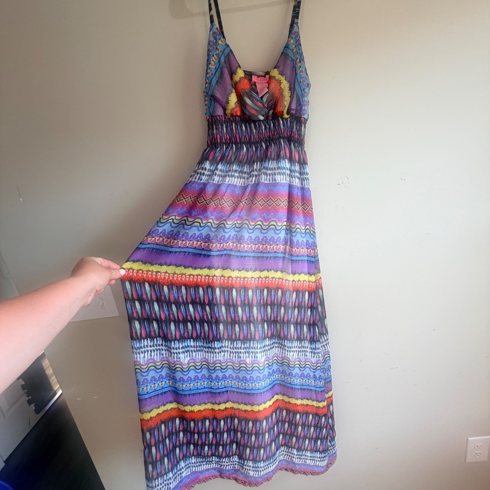 Y2K Shes Cool Maxi Dress Womens Small‎ Multi Color Smocked Waist Fairy Boho